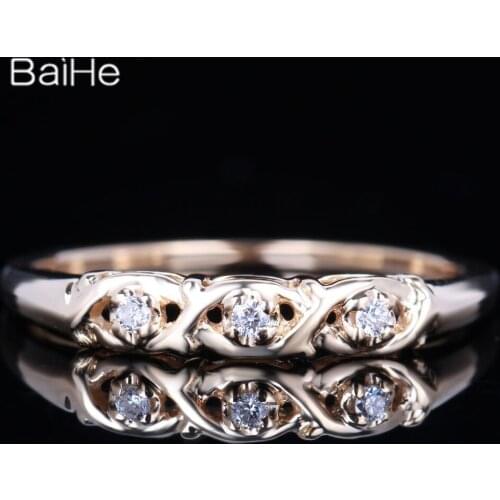 BAIHE Solid 14K Yellow Gold 0.06CT H/SI Round Natural Diamond Wedding Women Trendy Fine Jewelry Ring for Women