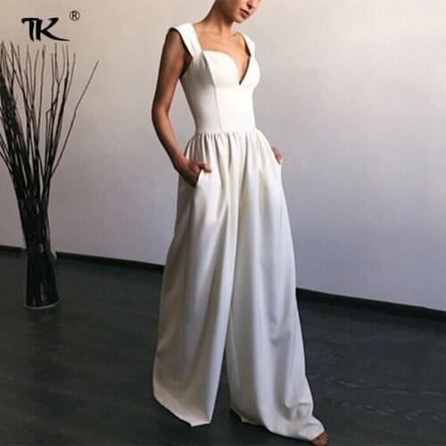 White Wide Leg Womens Jumpsuits Rompers High Waist Backless V-Neck Pleated Jumpsuit Women Sexy Casual New Summer 2021 Party