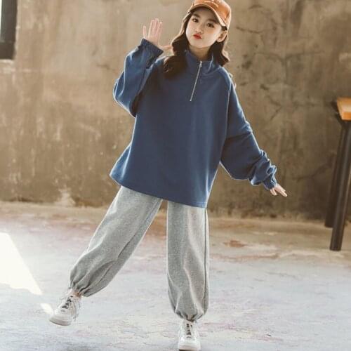 LucaLucky Girls Active Clothing Sets Kids 2 Pcs Blue Zipper Sweatshirts Hoodies & Gray Sport Pants Clothes Suit Children Outfits