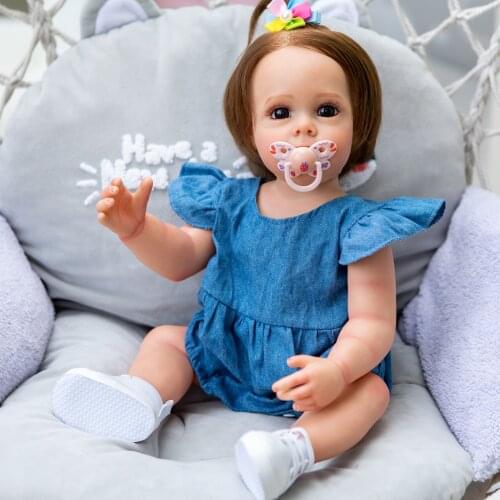 55CM Bebe Doll Reborn Toddler Girl Maggie with Brown Hair Cuddly Little Girl Doll Full Body Silicone Waterproof Bebe Doll Toy