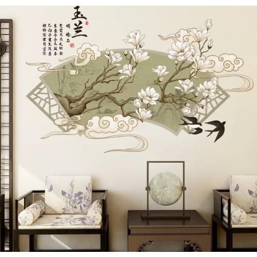 Magnolia Wall Stickers Flower Chinese Style Home Office Decor Aesthetic Living Room Bedroom TV Sofa Wall Decoration Wallpaper