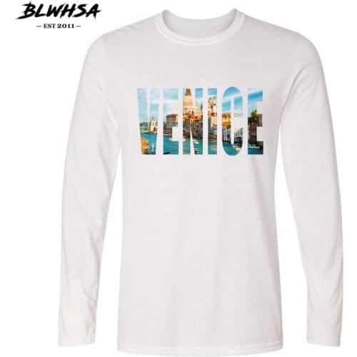 BLWHSA Top Quality Long Sleeve Water City Venice Print T Shirt for Men Fashion Venice City Design Cotton O Neck Men Tshirt