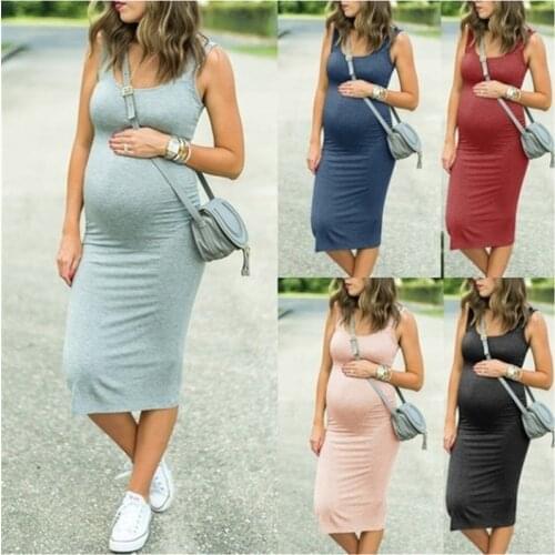 Maternity Dress Solid Color Sleeveless Maternity Pregnat Casual Pregnancy Dresse Clothes Round Neck Stretch Waist Maxi Dress