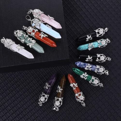 Fashion Rose Flower Wire Wrapped Crystal Quartz Hexagonal Prism Pendant Wholesale Pillar Charms Pendants for Jewelry Making