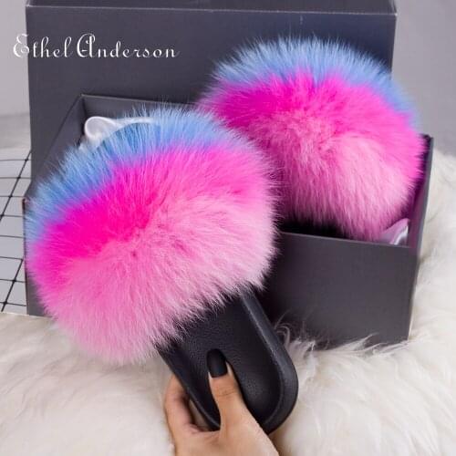 2020 Womens Fox Raccon Fur Slippers Female Shoes Cute Plush FluffySandals Hot Ladys Fur Slippers Warm Slipper For Fashionable