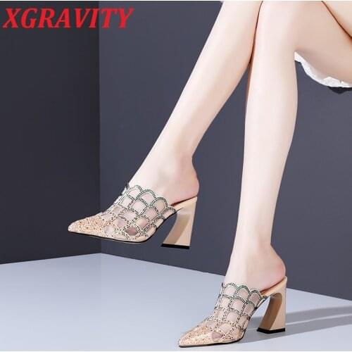 2021 New Spring Abnormal Heel Slides Pointed Toe Fashion Women Slippers Breathable Rhinestone Sexy Summer Slippers Footwear