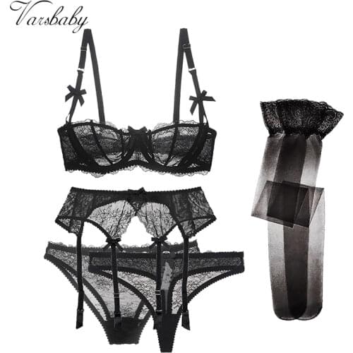 Varsbaby sexy lace 5 pcs bras+garters+panties+thongs+stockings underwear black/pink /white plus size bra set
