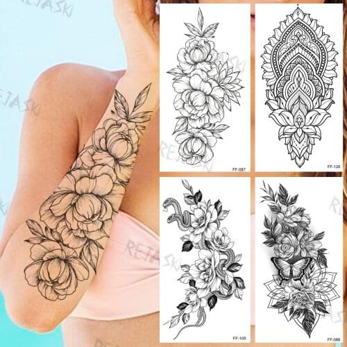 Pencil Sketch Marigold Temporary Tattoos For Women Girls Henna Snake Butterfly Flora Fake Tattoo Sticker Sexy Body Tatoos Arm
