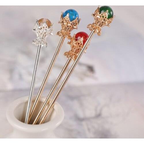 1Pcs Red Blue Crystal Ball Hair Claw Plate Hairpins Forks Clips Ancient Chinese Style Chopstick Hair Stick Pin Styling Jewelry