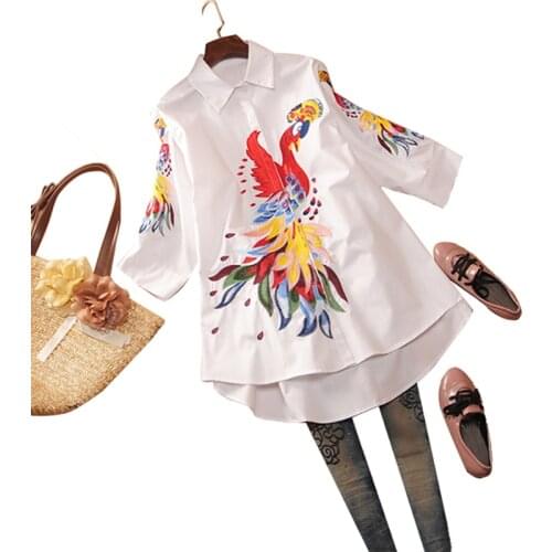 Pluz Size Shirt Female Europe Summer New 2021 Fashion Women Cotton Tops Embroidery Three Quarter Sleeve Womens Clothing
