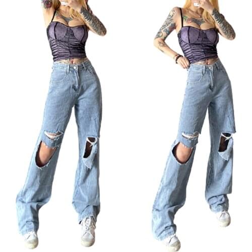 2021 New Women’s Korean Wide Leg Jeans Fashion Solid Color High-waist Irregular Ripped Denim Pants with Pocket
