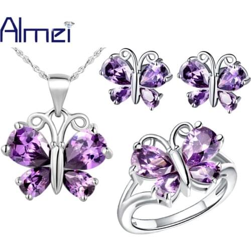 Almei Bridal Cute Butterfly Jewelry Sets for Women Silver Color Necklace Set with Purple/White Zircon Animal Earrings Rings T235