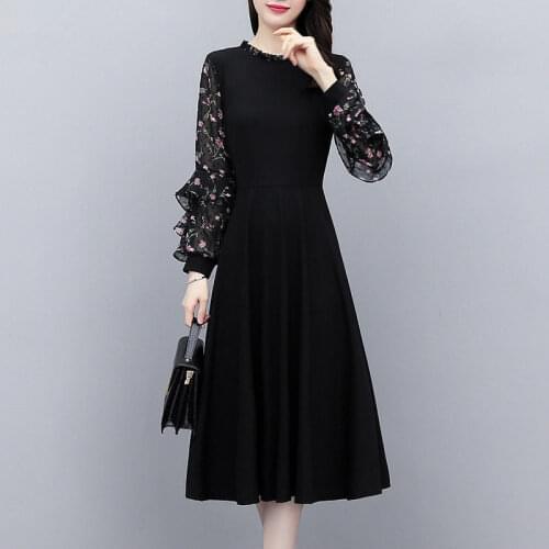 Woman Dresses Autumn New Long Black Long Sleeve Chiffon Floral Dress Vestido De Mujer Femme Robe