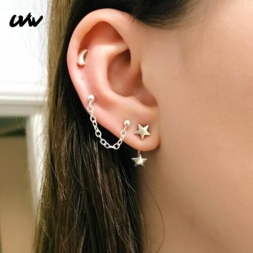Tiny 316L Steel Moon Pentagram Double Hole Stud Earrings for Women Pendientes Earrings Tragus Helix Body Piercing Jewelry Gift