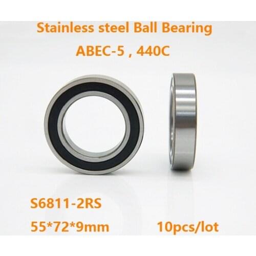 10pcs/lot S6811-2RS S6811RS ABEC-5 Stainless steel Thin Deep Groove Ball bearing 55*72*9mm Double Rubber cover 55×72×9mm
