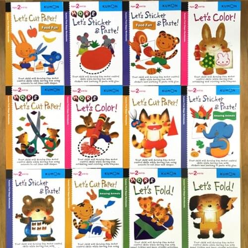 12 Pcs/Set Kumon First Steps Workbooks Lets Cut Paper Picture Books for Kids Children Origami Paper Cut Sticker Handmade Books