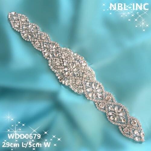 30PCS) Wholesale handmade beaded bridal silver clear crystal rhinestone appliques iron on for wedding dresses sash WDD0679