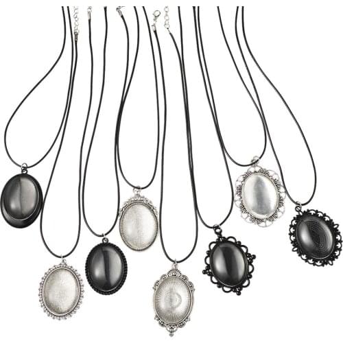 32pcs Alloy Pendant Cabochon Settings Waxed Polyester Cord Necklace Makings Antique Silver Color For DIY Necklace Making
