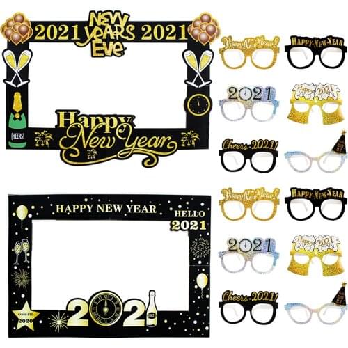 Besegad 12PCS 2021 Happy New Year Glitter Paper Glasses + 2PCS Paper Selfie Photo Frames Booth Props for Party Favors Supplies