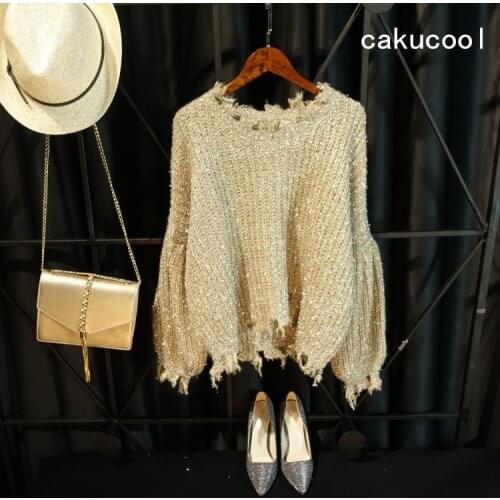 Cakucool Hot gold lurex Knit Top Women Long Lantern Sleeve Big O-neck Holes Ripped Loose Embellish Sweater Jumper Knit Pull Girl