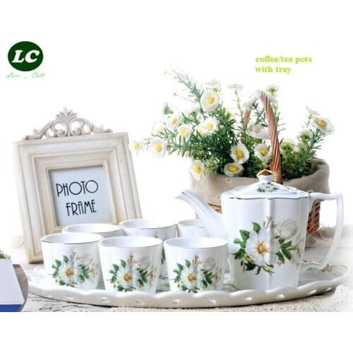 Ceramic Coffee set with large tray Coffee Pot tea cups and kettle set 8PCS Mugs Pallet