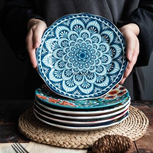 Creative Crafts Retro Western Porcelain Tableware Dinner Plate Household Ceramic Cute Blue and White Plate Dim Sum Plate