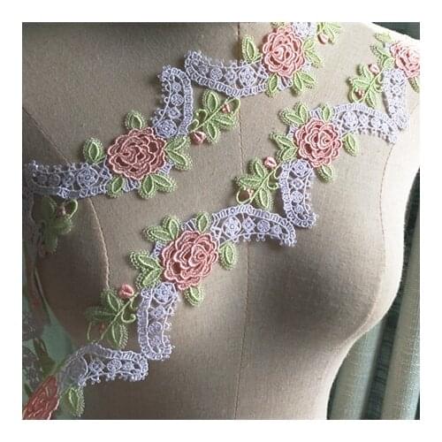 2Yards/lot 6cm(2.36") Wide High Quality Delicate Water Soluble Embroidery Lace Trim in Whitw+Pink+Green,Beautiful Venice Lace