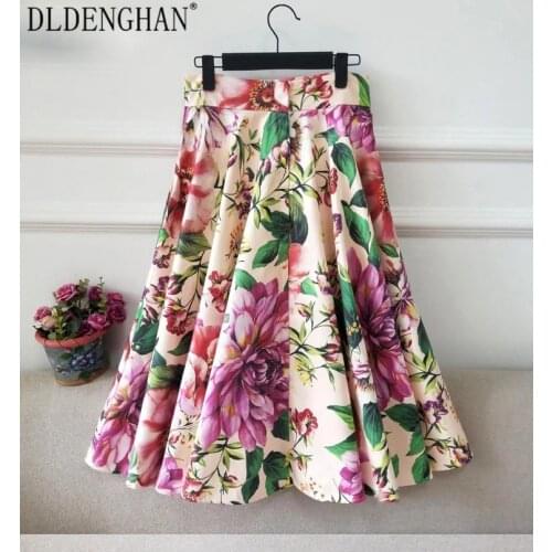 DLINGHAN Fashion rose Print A-Line Skirt Elegant High waist Big swing Skirts Spring Summer Womens New