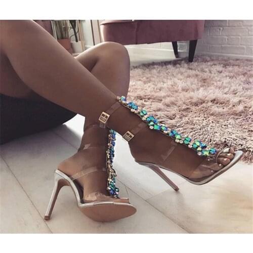 Fashion PVC Woman High Heel sandals Sexy Bling Bling Blue Rhinestone decor Thin High Heel Sandal Ladies Sexy Pumps summer Shoes