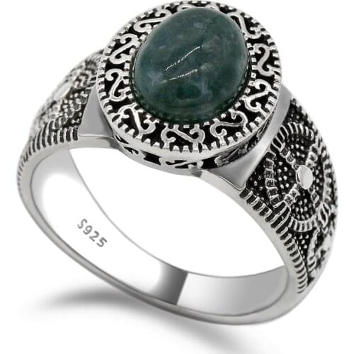 Real 925 Sterling Silver Men Ring Setting Oval Green Natural Jade Stone Rings Timeless Vintage Retro Style for Women Men Jewelry