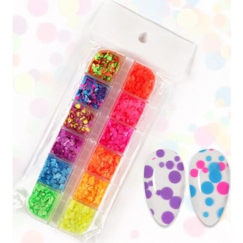 1Box 12 Grids Neon Mixed Round Nail Art Paillette Sequins Fluorescence Glitter Flakes For Manicure UV Gel Manicure Cosmetic Tips