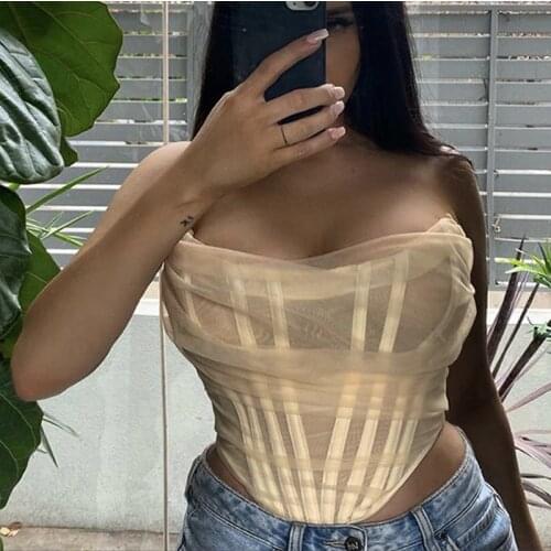 Mesh Solid Sexy Corset Tops Women 2021 Street Style Backless Sleeveless Slim Skinny Party Clubwear Basic Cropped Tank Tops