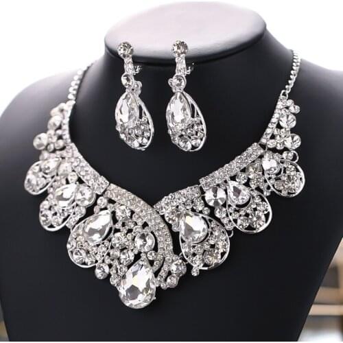 Bride Necklace Earring Sets Crystal Water Drop Necklaces Women Elegant Rhinestone Necklace Earring Party Gifts