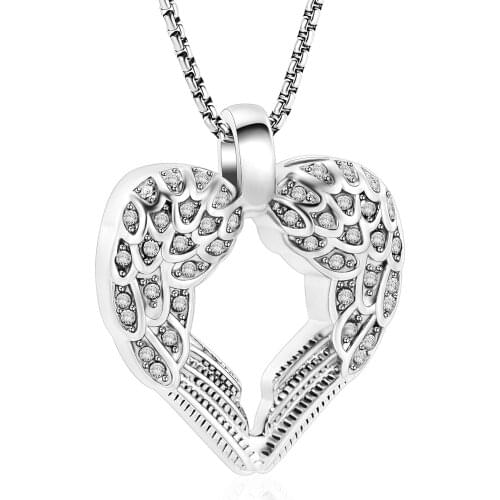 Inlay Clear Crystal Angel Wing Heart Stainless Steel Cremation Necklace Memorial Urn Jewely For Ashes Keepsake Pendant Women