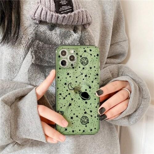 Cartoon Planet Stars Clear Phone Case For iPhone 12 Pro Max 11 XR XS 8 7Plus SE20 Soft Kawaii Jelly Green Back Cover Candy Coque