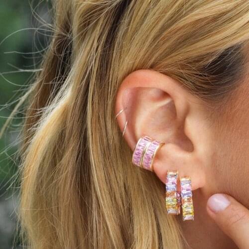 Luxury Sea Beach Style Shiny Earring Gold/rose Gold Gorgeous Hoop Earrings Paved Baguette Rainbow Colorful CZ Boho Party Jewelry