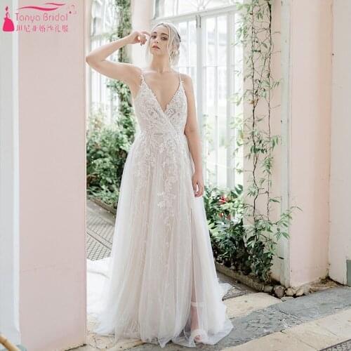 Deep V-Neck Lace Wedding Dresses A Line Backless Boho Bridal Gowns Spaghetti Robe de Soriee ZW475