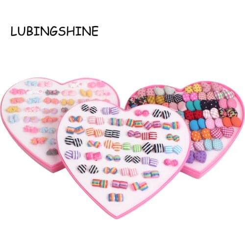 36 Pairs/lot Cute Women Star Flower Resin Pink Small Stud Earrings Sets With Heart Gift Box Child Girls Kids Earring Jewelry