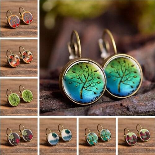 2019 Tree of Life Personality Stud Earrings Vintage Tree Pattern Cabochon Glass Handmade Earrings for Women Men Jewelry Gifts