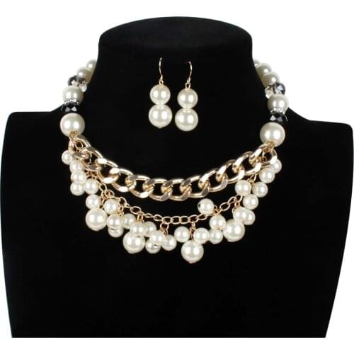 Wedding Bride Fashion Jewelry Sets Multi Layer Chain Weaved Imitation Pearls Pendants Rhinestone Neck Choker Necklace for Women