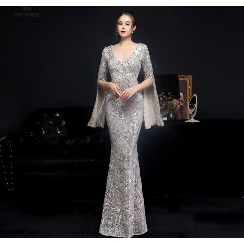 Evening Dresses V-Neck Sequin Evening Gowns for Women Mermaid Floor-Length Evening Dress with Sleeves