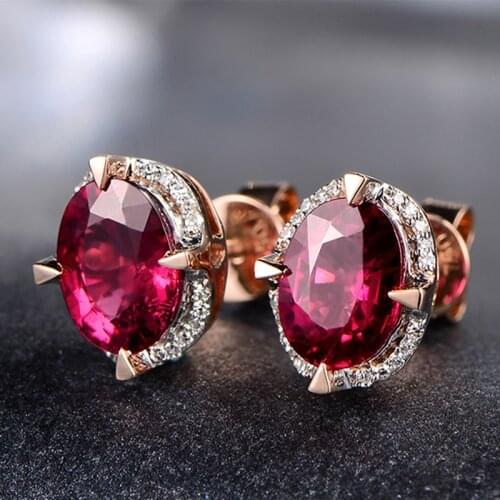 Vintage Female Red Oval Crystal Earrings Simple Rose Gold Color Stud Earrings Charm Zircon Party Wedding Earrings For Women