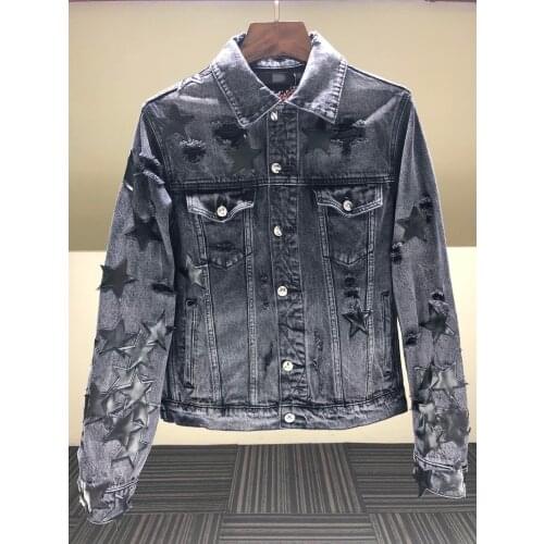 High Quality Correct Edition Pentagram Patchwork Genuine Leather Denim Jacket Heavy Duty Washed Hole Jacket