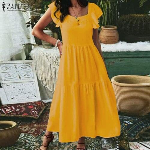 ZANZEA Elegant Women Dresses 2021 Summer Bohemian Ruffle Maxi Vestidos Casual Shorts Sleeve Sundress Lady A-line Robe