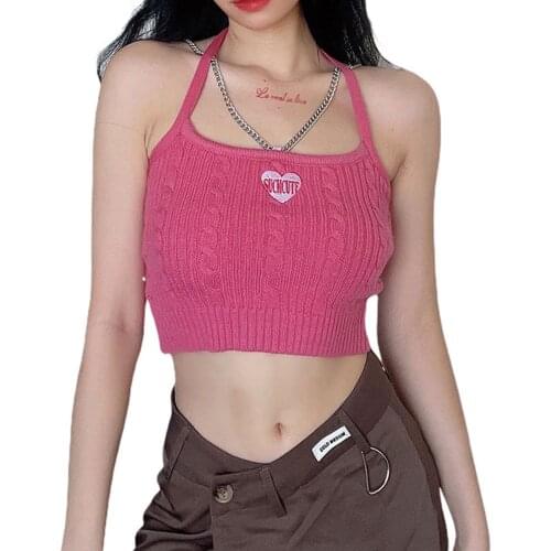 2021 Women Fashion Letter Embroidery Halter Vest Sleeveless Sweetown Punk Gothic Metal Chain Halter Tank Top Blue/Pink/Green