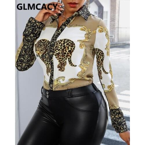 Women Turn Down Collar Autumn Spring Plus Size Animal Print Long Sleeve Shirt