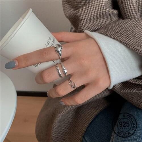 Vintage Hollow Heart S925 Silver Open Rings For Women Adjustable Punk Hip Hop Trendy Fashion Lady Party Jewelry Best Gift INEFFA