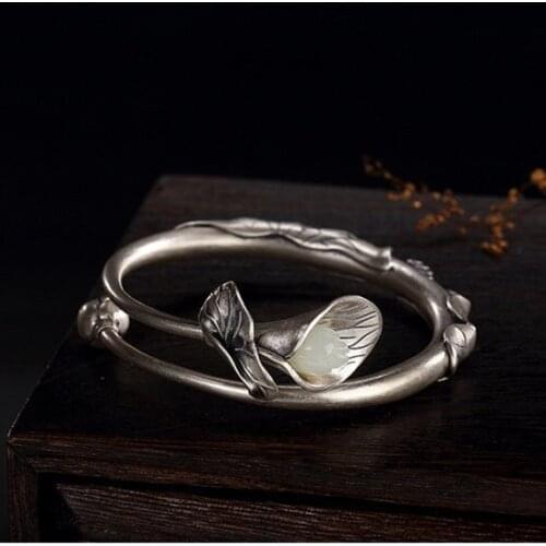 S990 solid silver bracelet lotus leaf pure silver bracelet female natural hetian jade magnolia middle ages