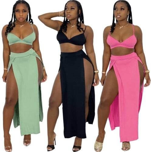 Women Solid Color High Side Slit Maxi Skirt and Halter Neck Crop Tops Matching Two Piece Set Outfits Beach Sexy Night Party Suit