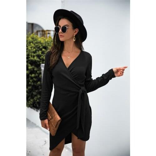 2021 Autumn Women Dress Sexy V-neck Solid Color Lace Irregular Dresses Womens Winter Long Sleeved Urban Casual Dress Vestidios